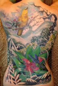 背部完美的彩色小鸟花卉世外桃源纹身图案
