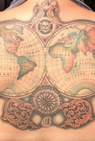 背部航海主题丰富多彩的地球仪纹身图案