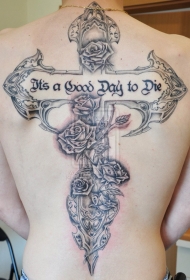 背部美丽的十字架与玫瑰纹身图案