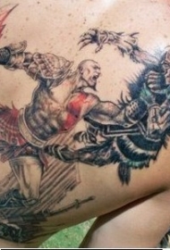 背部很棒的彩色战斗野蛮人纹身图案