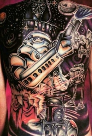 背部很酷的星球大战主题与各种英雄纹身图案