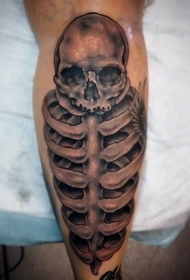 小腿黑灰风格人类骨骼骷髅纹身图案