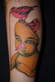 小腿小男孩与小鸟彩色纹身图案