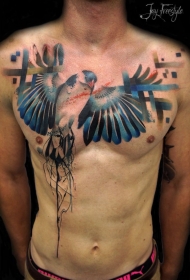 胸部插画风格彩色漂亮的小鸟纹身图案