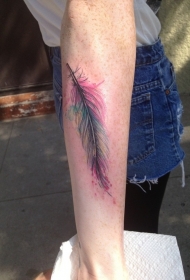 手臂非常漂亮的彩色小羽毛纹身图案
