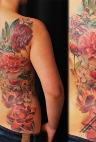 背部美丽的彩色花卉纹身图案
