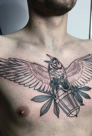 胸部黑色线条大鸟与叶子灯纹身图案