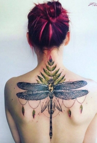 背部小清新彩色的植物与大蜻蜓纹身图案