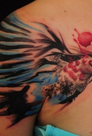 肩部彩色泼墨风格小鸟纹身图案