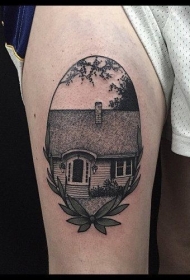 大腿雕刻风格黑色小房子纹身图案