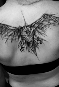 背部黑色素描风格线条乌鸦纹身图案