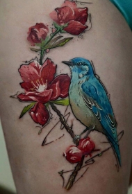 惊人的美丽彩绘小鸟与花朵纹身图案