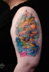 大臂水彩画风格泼墨字母帆船纹身图案