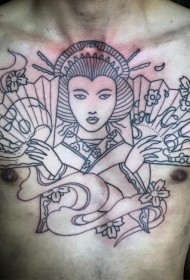 男性胸部亚洲风格的黑色艺妓扇子纹身图案