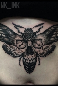 腹部点刺风格黑色昆虫与人类骷髅纹身图案