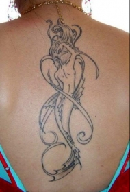 背部优雅的黑色线条美人鱼纹身图案