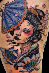 大腿简单的彩绘亚洲艺妓和莲花纹身图案