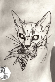 侧肋黑色线条素描风格猫和死鸟纹身图案