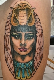 大腿难以置信的彩色埃及女人肖像纹身图案