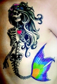 背部很酷的美人鱼骷髅纹身图案