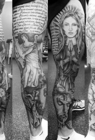 腿部美丽的黑白字母宗教人物纹身图案