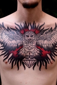 胸部大而美丽的彩色神秘猫头鹰与钻石纹身图案