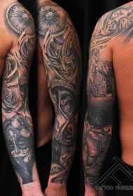 手臂墨西哥风格的黑白面具和指南针纹身图案