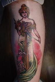 传统彩色美丽希腊夫人与鲜花纹身图案