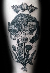 雕刻风格黑色线条花朵与狐狸和蝙蝠纹身图案