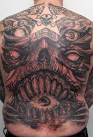 背部怪物魔鬼头像与眼球纹身图案