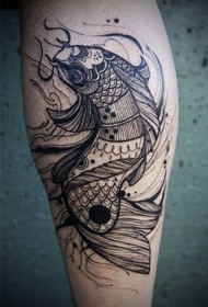 小腿亚洲风格黑白鱼纹身图案