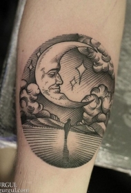 手臂印象深刻的黑白线条月亮与孤独的人纹身图案