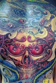 满背日本风格彩色魔鬼面具和幻想龙纹身图案