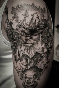 大臂雕刻风格黑色帆船与胡须老人纹身图案