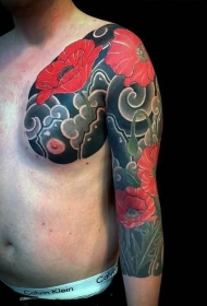 手臂亚洲风格的逼真彩色罂粟花纹身图案