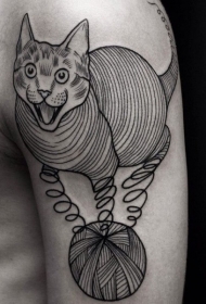 大臂黑色线条式猫咪毛线球纹身图案