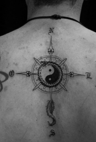 背部黑白指南针与阴阳八卦符号纹身图案