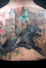 背部插画风格好看的彩色丛林黑豹蝴蝶纹身图案