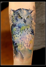 手臂上可爱的水彩猫头鹰纹身图案