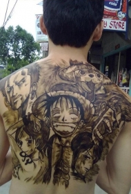 背部亚洲卡通主题黑白海贼王人物纹身图案