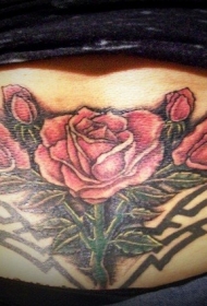 腰部可爱的红玫瑰纹身图案