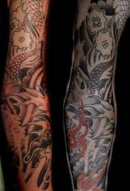 手臂亚洲风格龙和花朵纹身图案