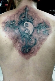 背部写实风格的汉字与阴阳八卦符号纹身图案