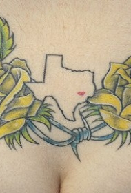 腰部漂亮的黄色玫瑰和荆棘纹身图案
