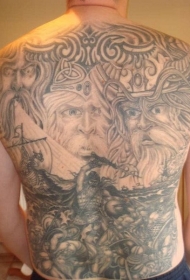 满背斯堪的纳维亚神和海盗战斗纹身图案