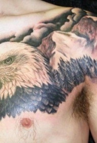 肩部个性的鹰头和山脉纹身图案