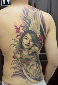 背部漂亮女孩肖像和莲花纹身图案