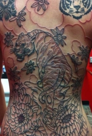老虎和菊花满背纹身图案