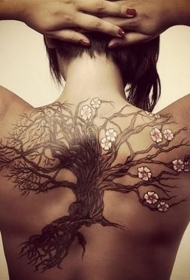 背部印象深刻的美丽孤独树花朵纹身图案