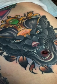 腹部现代风格彩色邪恶的黑豹和珠宝纹身图案